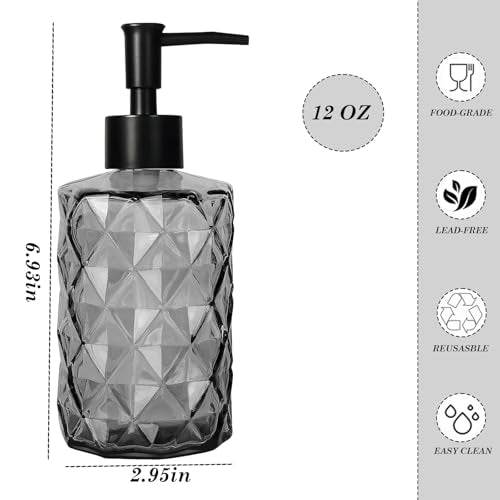 12Oz Small Glass Soap Dispenser with Black Plastic Pump, Gray Refillable Kitchen Countertop Liquid Hand Soap Dispensers with Diamond Design, Bathroom Lotion Bottle for Dispense Dish Soap, 2 Set - color: Gray Diamond 2pcs