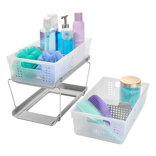 madesmart 2 Tier Bath Organizer,Undersink Storage with Sliding Drawers,for Cleaning Supplies, Pantry, Sponges,Bottles&Kitchen Essentials,Adjustable Dividers&Pull Out Sliding Baskets,Frost, (Pack of 2) - size: 2-Pack