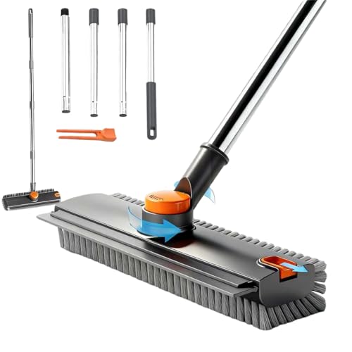 3 in 1 Floor Scrub Brush,Floor Scrubber with Squeegee and Tweezer, Push Broom with Long Handle,Heavy-Duty Stiff 90° Bristle Broom for Patio,Shower, Garage,Deck,Tile, Concrete & Wood Surface - color: Grayish Orange