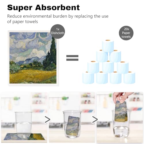 5 Pcs Oil Painting Swedish Dishcloths, Starry Sky & Flower Swedish Dishcloth, Classic Art Dish Cloths for Drying Dishes, Reusable Cleaning Cloths, Housewarming Gifts for Women - color: Lm 03424