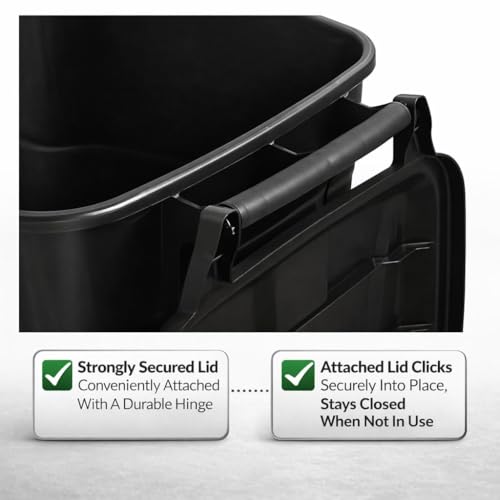 45 Gallon Wheeled Black Plastic Garbage Bin with Lid for Outdoor Use | Built-in rolling wheels enable easy moving around your patio, deck and garage with little effort