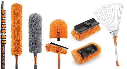 36 Foot High Reach Telescoping Duster Kit, Vinyl Siding Brushes & Metal Leaf Rake with 7-30 ft Extension Pole // Exterior and Interior House Cleaning and Gardening Kit