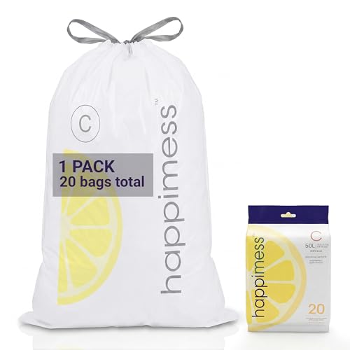 happimess 13.2 Gallon (50L) Drawstring Trash Bags, Lemon Scent, White, Heavy Duty MDPE Liners for Kitchen and Household, Odor Control, Custom Fit 20 Count (1 Packs of 20 Liners) HPM3100C-W-1SET - color: White (Lemon Scented), size: 20 Count (Pack of 1)