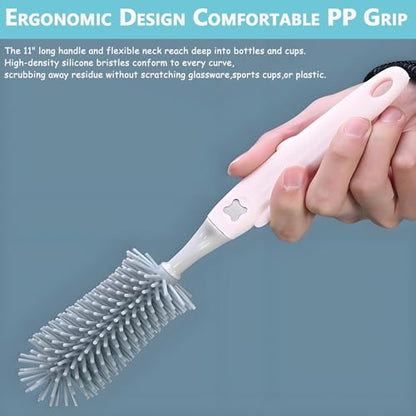 Baby Bottle Brush Set 3-in-1, Silicone Bottle Brush with Wall Mount Holder, 11" Long Handle Bottle Brush + Nipple Brush + Straw Brush Cleaner for Baby Bottles, Cups, Straws – BPA Free (Blue) - color: Navy Blue
