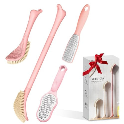 New Foot Brush & Foot Files Set(3PCS), 3-in-1 Foot Scrubber with Long Handle, 10.2’’-27.5’’Adjustable Foot Scrub Brush and 2 Upgrade Foot File Callus Remover, Gift-Box Packed(Pink+2*Foot File) - color: Pink Kit04