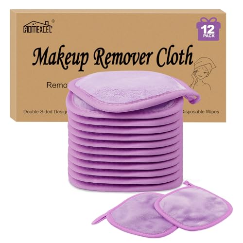 HOMEXCEL Makeup Remover Cloth 12 Count (Pack of 1), Reusable Makeup Remover Pads, Washable Ultra Soft Facial Cleansing Cloths For All Skin Types, 5 X 5 In, Purple - color: Purple