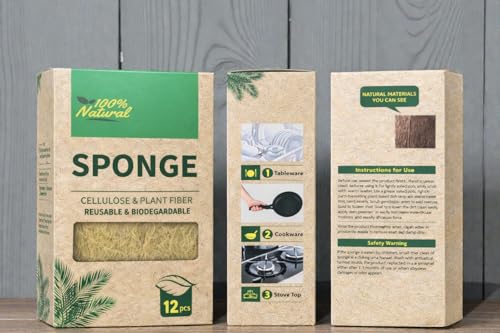 12 Pack Natural Coconut Fiber Dish Sponges, Non Scratch Kitchen Scrub Sponges, Cellulose Cleaning Sponge for Dishes, Pots & Pans, Reusable Organic Kitchen Sponges