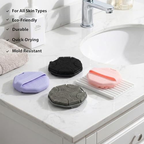 MtBoi 2 Pack Silicone Exfoliating Body Scrubber with Handle, Soft Silicone Loofah for Sensitive Skin, Body Brush & Shower Head Massager with Hanging Loop, Easy to Clean, Rich Lather (Gray&Pink) - color: Gray&pink