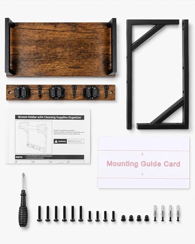 Lorbro Broom Holder Wall Mount with Cleaning Supplies Storage, Heavy Duty Broom and Mop Organizer Wall Hanging, Wooden Mop Organizer Hanger, 3 in 1 Storage Shelves for Laundry Room, Garage, Closet - size: Medium
