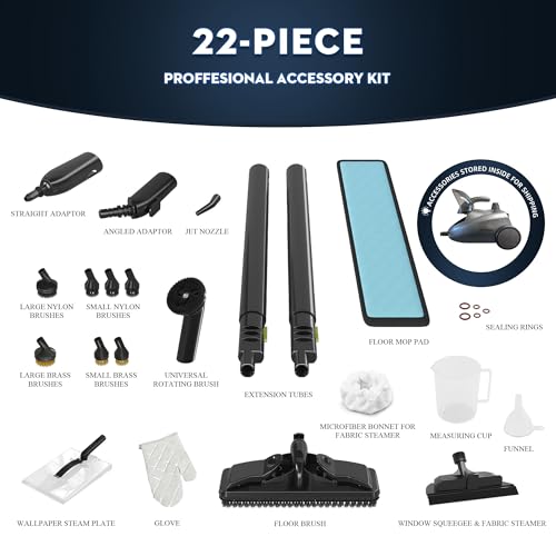 Heavy-Duty Steam Cleaner - 1500W Multipurpose Handheld Floor Steamer with 22 Accessories 16ft Cord for Home, Car Detailing, Tile, Grout, Wallpaper, Upholstery, Window, Deep Cleaning