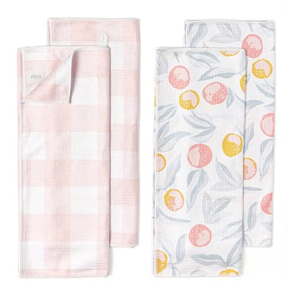 ELYN Microfiber Kitchen Dish Towel Set, Quick-Dry & Absorbent Waffle Weave Cleaning Towels, Set of 4 Kitchen Towels, Paper Towels Alternative (Oranges & Gingham) - color: Oranges & Gingham, style: Dish Towel - 4 Pack