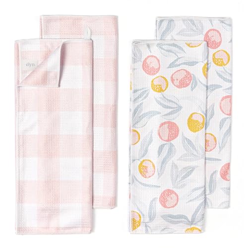 ELYN Microfiber Kitchen Dish Towel Set, Quick-Dry & Absorbent Waffle Weave Cleaning Towels, Set of 4 Kitchen Towels, Paper Towels Alternative (Oranges & Gingham) - color: Oranges & Gingham, style: Dish Towel - 4 Pack