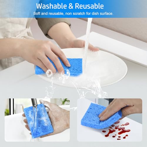 8PCS Compressed Kitchen Sponges for Household Use, Zero Scratch Scrub | Save Space, Premium Dish Sponges Kitchen Natural, Non Scratch Cleaning Sponges for Dishes, Blue & White Dishwashing Brushes