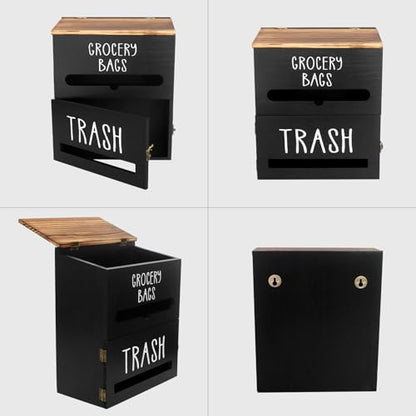 2 in 1 Trash Bag Dispenser, Double Wall Mounted,Wood Trash Bag Holder, used in kitchen, garage, laundry room, can store Environmentally friendly food bags and garbage bags (Black) - color: Black/Large(10inch*5.5inch*12.2inch)