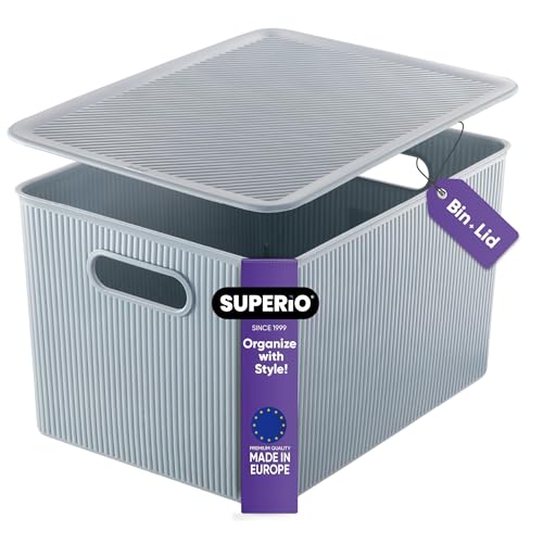 Decorative Plastic Basket Lidded Home Storage Bins Organizer Baskets, X-Large Blue (1 Pack - 22 Liter) Stackable Container Box, for Organizing Closet Storage Bins for Shelves - Ribbed Collection - color: Blue, size: 22 L