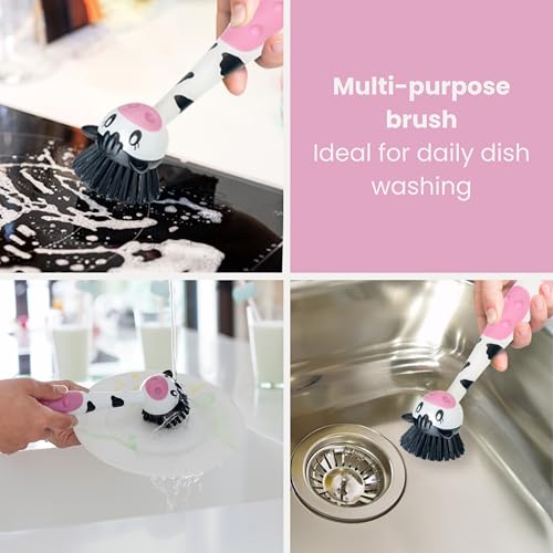 Vigar Soap Dispensing Dish Brush - Moo Cow-Shaped, Dish Brush with Handle and Soap Dispenser, Dish Scrub Brush for Dishes, Pot Scrubber, Sink Scrubber, Kitchen Brush, Kitchen Essentials - White, Black - color: Moo Cow