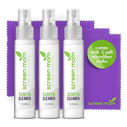 Screen Cleaner Spray and Microfiber Cloths 3-Pack (3x1oz) by Screen Mom-Screen Cleaner Spray and Wipe for TV, Computer, Phone, iPad, Car Screen Cleaning Kit Electronic Cleaner Spray - size: 1oz Pack of 3