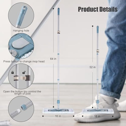 Homilifibra Dust Mop for Floor Cleaning,Magnetic Floor Flat Mop with 2 Washable Pads -Extendable 64‘’ Iron Handle for Hardwood Tile Marble Laminate Floors,Blue&Gray