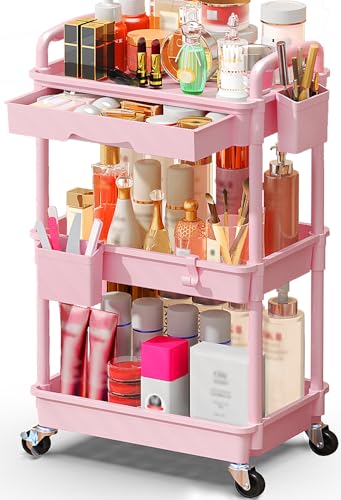 SUNALLY Makeup Cart Organizer with Drawers, Floor Skincare Organizers Vanity Storage Organizer, Rolling Makeup Bathroom Storage Cart Cosmetics Display Cases for Skin Care Perfume Nail Polish, Pink - color: Pink, size: 3 Tier