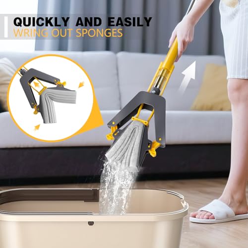 Masthome Sponge Mop,Roller Sponge Mop with 3 Absorbent PVA Mop Refills,Self Squeeze Sponge Mops and Stainless Steel Handle,PVA Sponge Mops for Floor Cleaning - color: Yellow