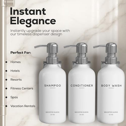 Luxury Shampoo and Conditioner Dispenser Set Wall Mounted by Brighter Barns - Refillable Shampoo Dispenser for Shower Wall - Shower Bottles 3 Chamber No Drill for Guest Bathroom, Airbnb, Hotel (White) - color: Modern (Silver)