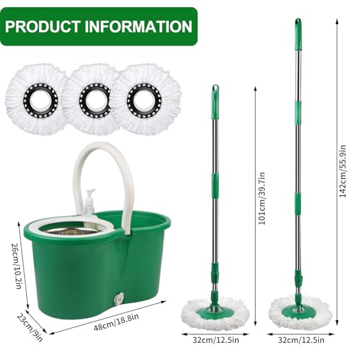 Spin Mop and Bucket with Wringer Set, 360° Rotating Head Mop Bucket System with 3 Microfiber Mop Refills Wet and Dry Suitable for Office and Home Use, Green (Green) - color: Green