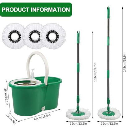 Spin Mop and Bucket with Wringer Set, 360° Rotating Head Mop Bucket System with 3 Microfiber Mop Refills Wet and Dry Suitable for Office and Home Use, Green (Green) - color: Green