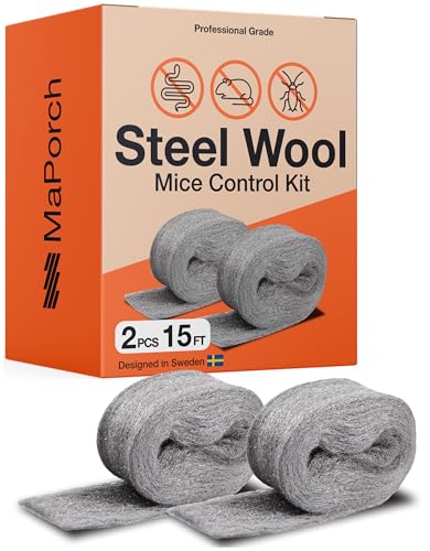 Steel Wool Mice Control 2-pc, Mouse Hole Filler, MaPorch | 15ft Total - Sharp, Strong & Expanding - Fits All Gaps - Block Rats, Rodents, Bugs & Squirrels - size: 2-Pack