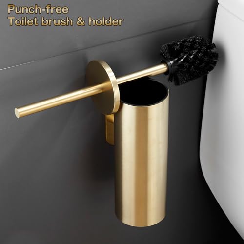 AIREMOEN 1PCS Brushed Gold Stud Free Toilet Brush and Holder Set, 304 Stainless Steel Handle Toilet Brush Holder, Toilet Brush and Plunger Set, Bathroom Wall-Mounted Compact Toilet Brush Holder
