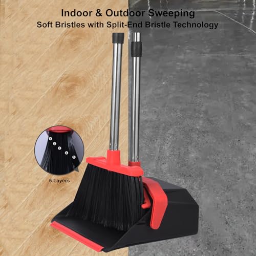 Tiumso Upgrade Broom and Dustpan Set, 51'' Sturdy Long Handle, Large Upright Stand Up Broom and Dustpan, ZeroGap Lip, Self-Cleaning Dustpan Teeth for Lobby Kitchen Office Floor - Black and Red - color: Black and Red