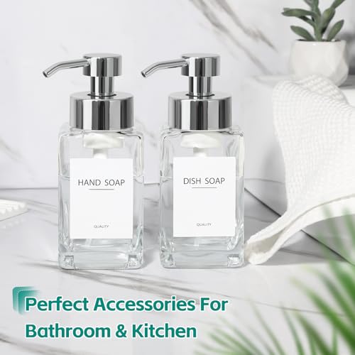 Foaming Soap Dispenser, 12oz/350ml Glass Hand Soap Dispenser Set, Refillable Foam Dispenser with Foaming Pump, Labels, Square Hand Dispenser for Bathroom, Kitchen 2 Pack - color: Clear Bottle+silver Pump