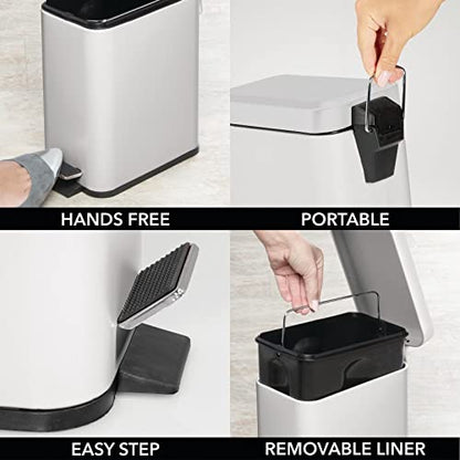 mDesign Pedal Bin — Waste Bin with Pedal, Lid and Plastic Bucket Insert Perfect for Bathroom, Kitchen, and Office — Metal Household Rubbish Bin with Ergonomic Design — Light Grey - color: Light Grey, size: 1.3 Gallon