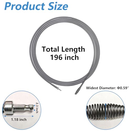Drain Snake, Spring Drain Clog Remover with Electric Drill Connector, Durable Metal Drain Hari Cleaner Tool for Shower Kitchen Sink Bathroom Toilet Clogged Unclogger,1 Pcs 196.8 Inch 16.4 FT - size: 196.8 Inch