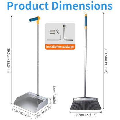 Heavy Duty 304 Stainless Steel Dustpan and Broom Set, Long Handle Self Standing Dust Pan with Wide Mouth Pet Hair Comb Teeth, Indoor Outdoor Cleaning Set for Kitchen Garage Office