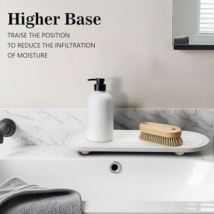 Instant Dry Sink Caddy Organizer, Fast Drying Sink Caddy, Water Absorbing Stone Sponge Holder for Kitchen and Bathroom Countertop with Natural Loofah and Wooden Feet - color: White