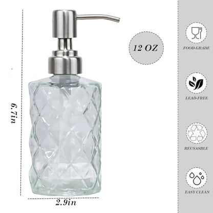 12Oz Clear Glass Soap Dispenser with Stainless Steel Pump, Refillable Kitchen Liquid Hand Soap Dispenser with Diamond Design, for Dispense Hand soap, Dish Soap, Lotion, Bathroom, Countertop, Hotel - color: Diamond Clear
