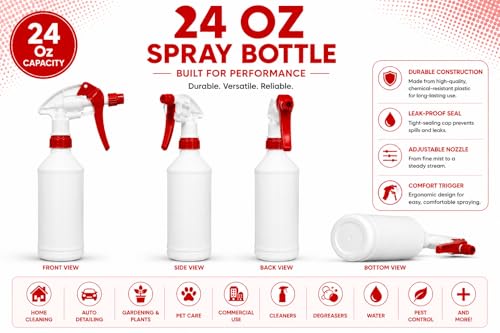 Plastic Spray Bottle, 2 Pack, 24 Oz with Adjustable Nozzle, Heavy Duty Leak Proof Mist Empty Water Bottle Sprayer for Cleaning, Chemicals, Hair, Planting & All-Purpose Use (Red) - color: Red