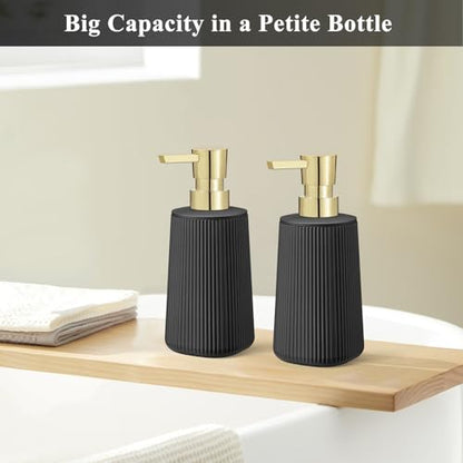 Black and Gold 2 Pack Hand Soap Dispensers Set with No Rust Pump for Bathroom and Kitchen Countertops Refillable Matte Striped Plastic 8.5 oz - color: Black and Gold Set of 2
