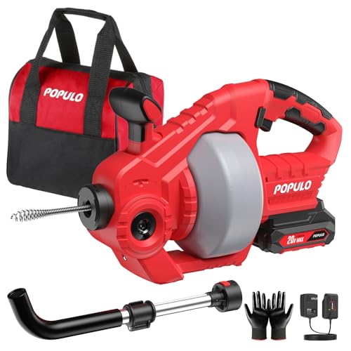 POPULO 20V Cordless Electric Drain Snake, 25Ft Replaceable Cable with 2.0Ah Battery, Extension Tube & Charger, Snake Drain Clog Remover Tool for Toilet, Floor Drain, Sink and Shower 3/4"-2" Pipe - style: 25ft Toilet - Red