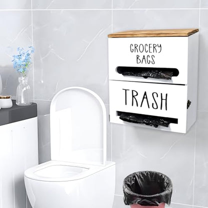 2 in 1 Trash Bag Dispenser, Double Wall Mounted,Wood Trash Bag Holder, used in kitchen, garage, laundry room, can store Environmentally friendly food bags and garbage bags (White) - color: White/Large(10inch*5.5inch*12.2inch）