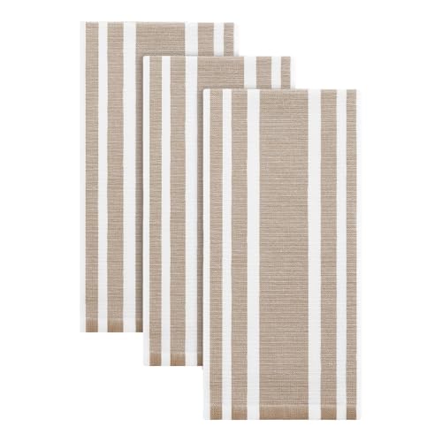 Homaxy Premium Kitchen Towels 18”x 28”, Large Cotton 380 GSM Kitchen Hand Towels, Stripe and Terry Dish Towel, Highly Absorbent Tea Towel Set with Hanging Loop, 3 Pack, Khaki - color: Khaki Stripe, style: 3-pack