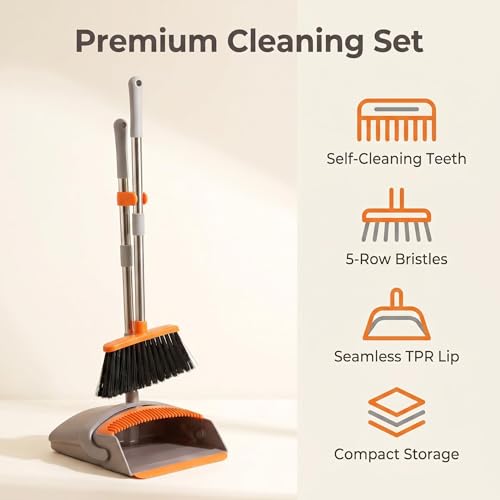 Broom with Standing Dustpan Combo Set, 52" Long Handle Self-Cleaning Teeth, 5-Row Stiff Bristles Angled Head, TPR Rubber Lip for Kitchen Pet Hair Sweeping Indoor Outdoor - color: Broom Dustpan Set