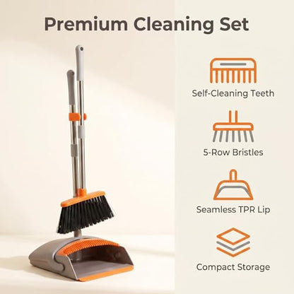 Broom with Standing Dustpan Combo Set, 52" Long Handle Self-Cleaning Teeth, 5-Row Stiff Bristles Angled Head, TPR Rubber Lip for Kitchen Pet Hair Sweeping Indoor Outdoor - color: Broom Dustpan Set