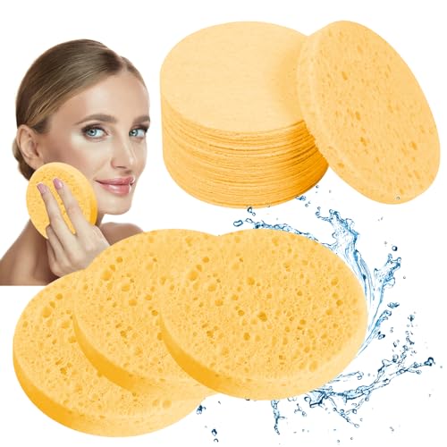 100-Count Facial Sponges Compressed Natural Cellulose Sponge Round Shape Face Sponge for Face Cleansing Exfoliating and Makeup Removal, Yellow - color: 100- Pack Yellow