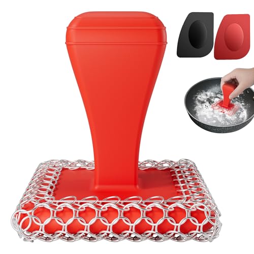 TOPULORS Cast Iron Scrubber Cleaner & 316L Stainless Steel Chainmail Scrubber with 2 Scrapers, Ergonomic Silicone Handle Brush for Pans Skillets Grills Dishes Cleaning - Non-Scratch Rust-Proof - Red