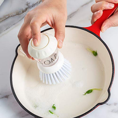 Rae Dunn Collection Soap Dispensing Dish Brush Set - Set of 2 Palm Brush Dish Scrubber with 2 Replacement Brush Heads