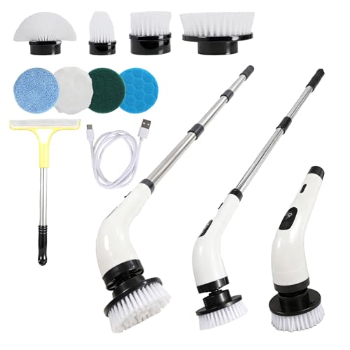 Rechargeable Electric Spin Scrubber, Waterproof Power Cleaner with 7 Brush Heads,1 Window Squeegee,2 Speeds Adjustable Long Handle for Bathroom, Floor, Shower, Tile & Kitchen Cleaning (White)