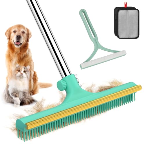 Carpet Rake for Pet Hair Removal - 60" Adjustable Long Handle Carpet Rake, 3 in 1 Reusable Pet Hair Removal Tool Kit, Cat Dog Fur Rakes Scraper Carpet Broom for Carpets, Rugs, Mats - color: Green, size: 60inch