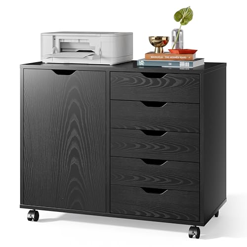 DEVAISE Mobile File Cabinet, 5-Drawer Wood Storage Chest with Door, Printer Stand for Home Office, Black - color: Ebony