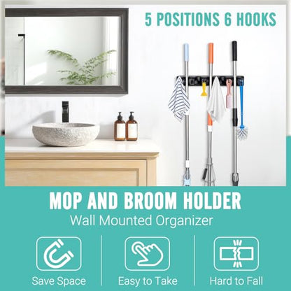 InPoTo Broom and Mop Holder, Wall Mounted Organizer Mop and Broom Storage Tool Rack with 5 Ball Slots and 6 Hooks (1Pack) - size: 1Pack